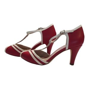 Chelsea Crew Red Heels Size 8 with white accent on shoe. Heels,soles great shape